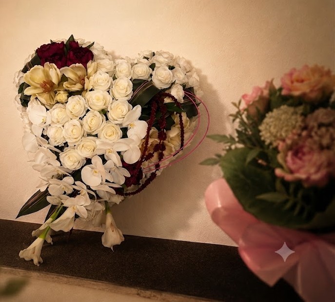 Bouquet de fleurs en forme de cœur pour composition funéraire